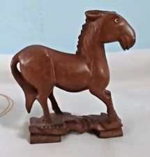 VINTAGE HAND CARVED WOODEN HORSE ON STAND WITH GLASS EYES #C