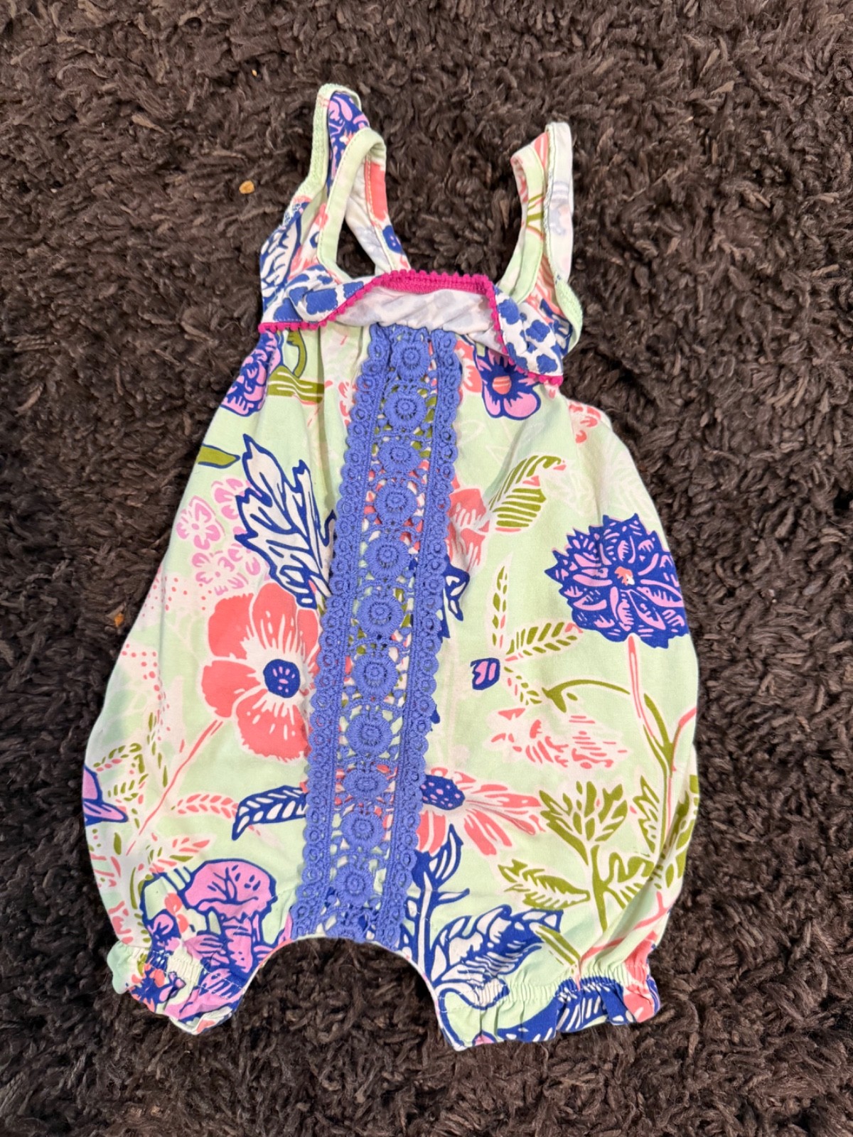 MATILDA JANE girls size 3-6 months green accent blue lace romper