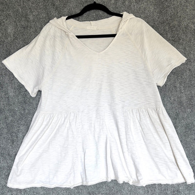 Lush White Cotton Peplum Top Hooded Short Sleeve Babydoll Boho Casual Large
