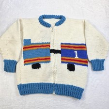 Vintage Handmade Kids Boys Sz 6/8 Train Knit Sweater Cardigan Blue White