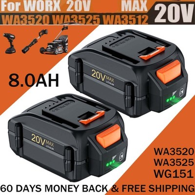 2x For WORX 20V MAX Extend WA3520 8.0AH Lithium ion Battery WA3525 WA3575 WG155