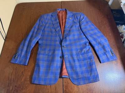 TOM JAMES Bespoke Blue Plaid Sport Coat Suit Blazer 40R Holland Sherry 150s Wool