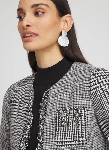 Blazer Chico's donna 1,5 grigio a quadri tweed bordo frange aperto davanti giacca classico - Foto 5 di 16