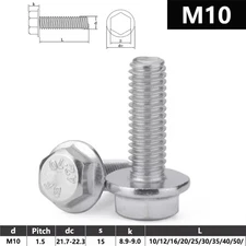 M10 FLANGED BOLTS FULLY THREADED HEXAGON FLANGE HEAD SCREWS A2 STAINLESS STEEL ﻿