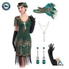 1920s Flapper Dress Women Roaring 20s Costume Sequin Fringe Beaded Sleeves