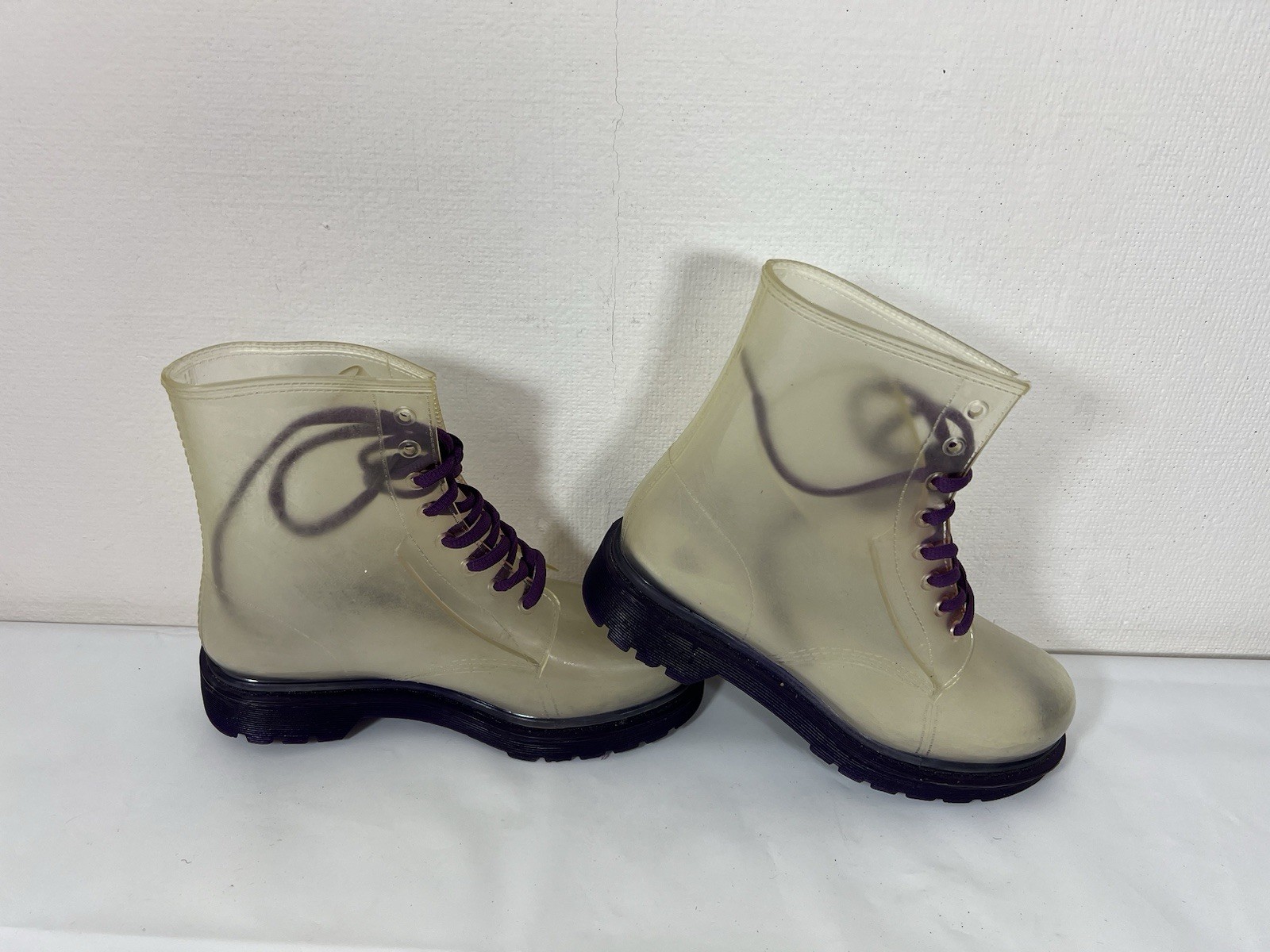 PVC Clear & Purple Wellies See Through Transparent Lace Up Rain Ankle Boots 3