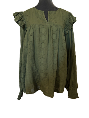 #ad Farmers Market Peasant Top SZ XL Ruffle Balloon Sleeve Cypress Green Cotton $12.99