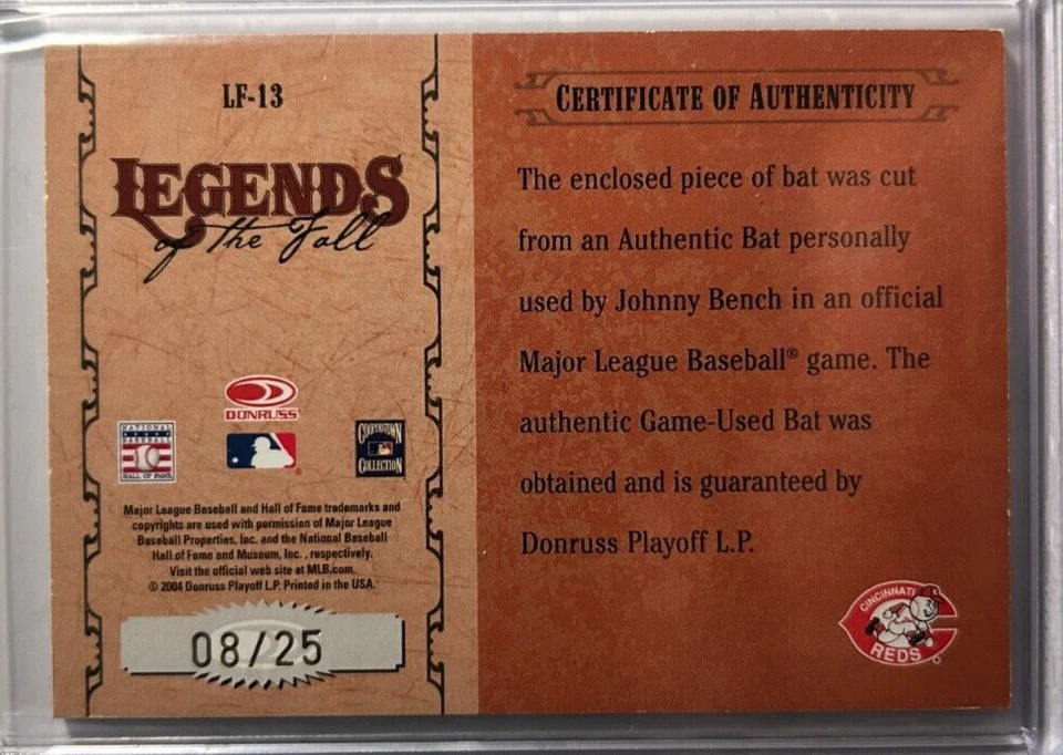 Johnny Bench AUTO~BAT #/25 Donruss Legends/Fall 2004 World Series Autograph Reds - Image 2 of 2