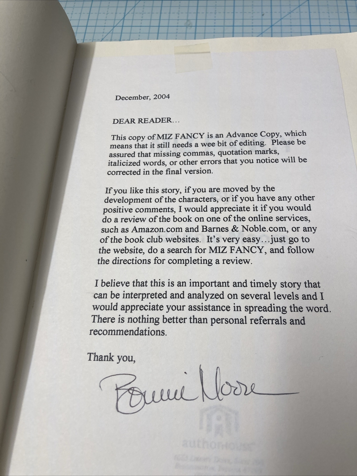 USED ARC Copy of MIZ FANCY By Bonnie Moore. Inscribed to Colleen by Author. DEAL