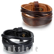 Mens Punk Rock Multilayer Leather Wrap Bracelet Wide Belt Cuff Wristband Bangle
