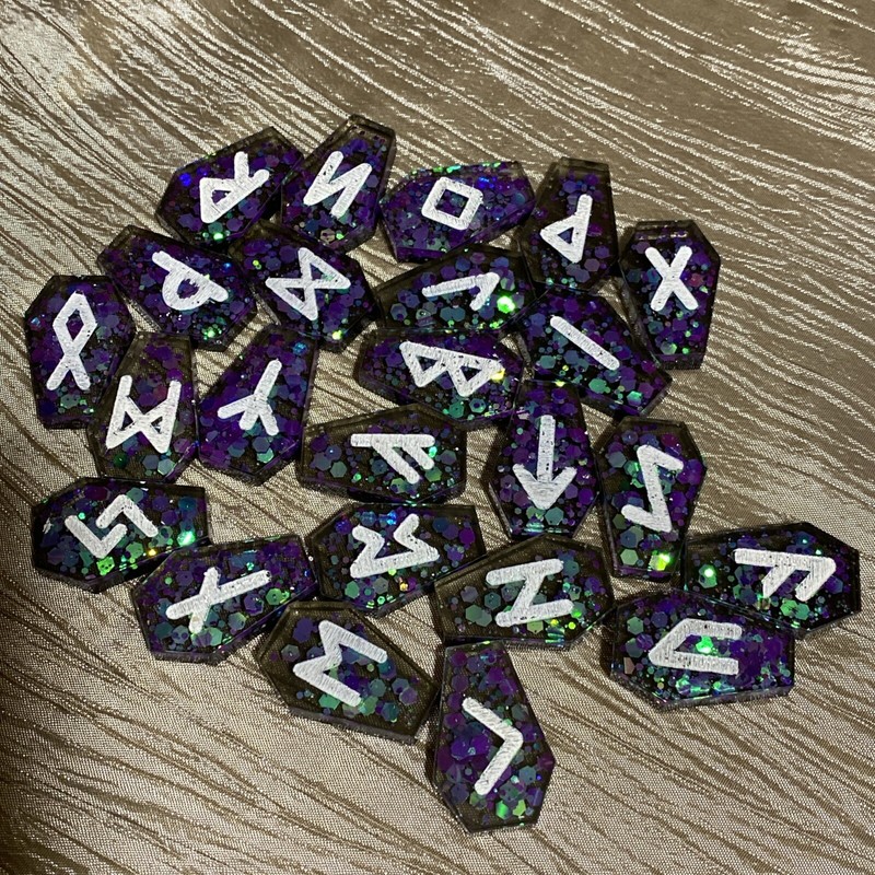 Coffin Shaped Purple Sparkle Resin Rune Stones, Elder Futhark, Set Of 24