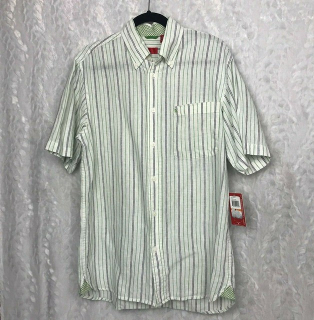 NWT Izod linen blend s/s white green black striped shirt size small $44 retail | eBay