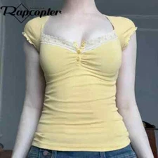 Rapcopter y2k Lace Knitted Crop Top Square Collar Short Sleeve T Shirt Women
