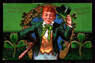 St Patrick's Day Erin Go Bragh Leprechaun Gold Club c.1910 Postcard Series 4