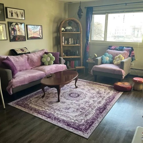 Oval Lilac Boho Rug, Muted Purple Oushak Area, Pastel Lavender, Antique Floral - Picture 5 of 13