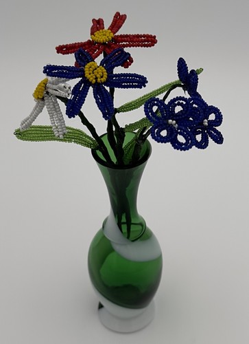 Japan Hand-Blown Emerald Green White Swirl Glass Vase 6" & Glass Beads Flowers - 第 3/13 張圖片