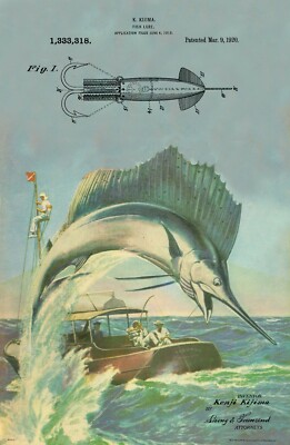 Vintage Marlin Sailfish Fishing Lure Patent Art Print Charter Boat Captain Decor