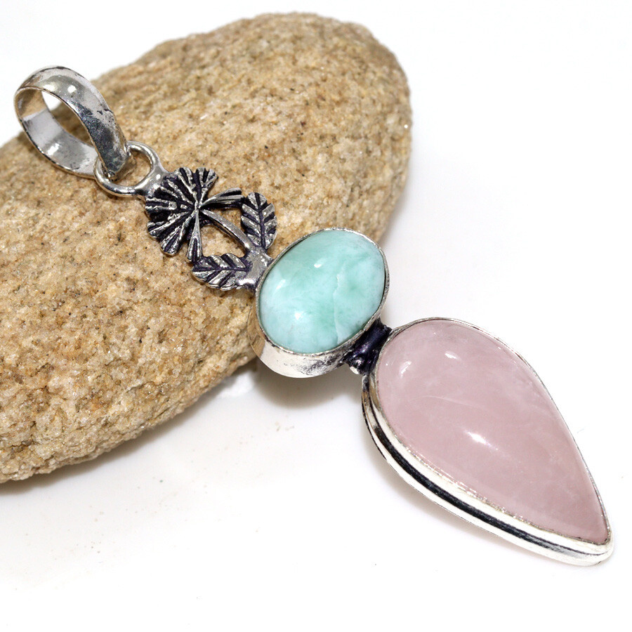 Larimar Rose Quartz 925 Silver Pendant Jewelry 2.7 Inch Necklace JW  