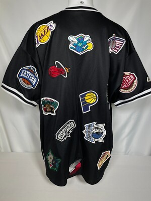 VTG NBA Majestic All Over Print Team Logos Black Warm Up