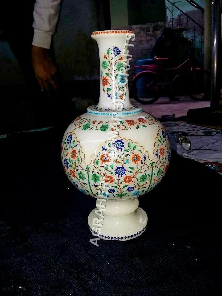 12" Marble Elegant Flower White Vase Multi Inlay Marquetry Showpiece Decor E1112