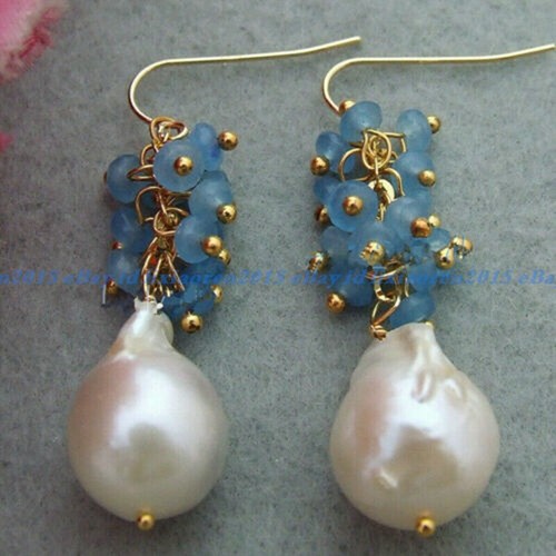 Natural White Baroque Pearl & Faceted Blue Jade Dangle Hook Earrings - Picture 4 of 12