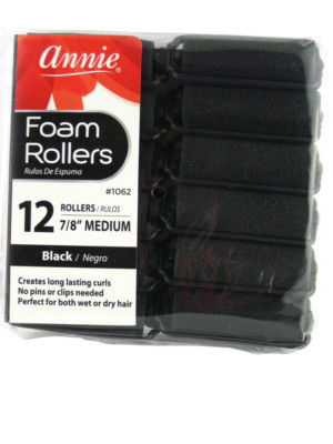 ANNIE 7/8'' MEDIUM FOAM HAIR ROLLERS - BLACK - 12 PCS. (1062)