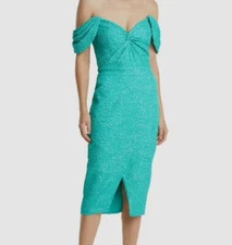 $348 Tadashi Shoji Women's Green Tulip Off-the-Shoulder Midi Dress Size 6