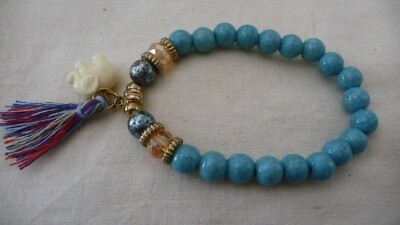 M#5/2X vtg Costume BRACELET  STRETCH  AQUA BLUE BEADS  W ELEPHANT CHARM  