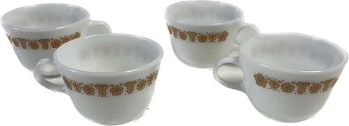 Pyrex Butterfly Gold Cups Corning USA Milk Glass Coffee Mugs Vintage Lot Of 4