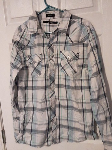 Carbon Slim Fit Mens White Long Sleeve Plaid Button-Down Shirt L - Picture 3 of 8