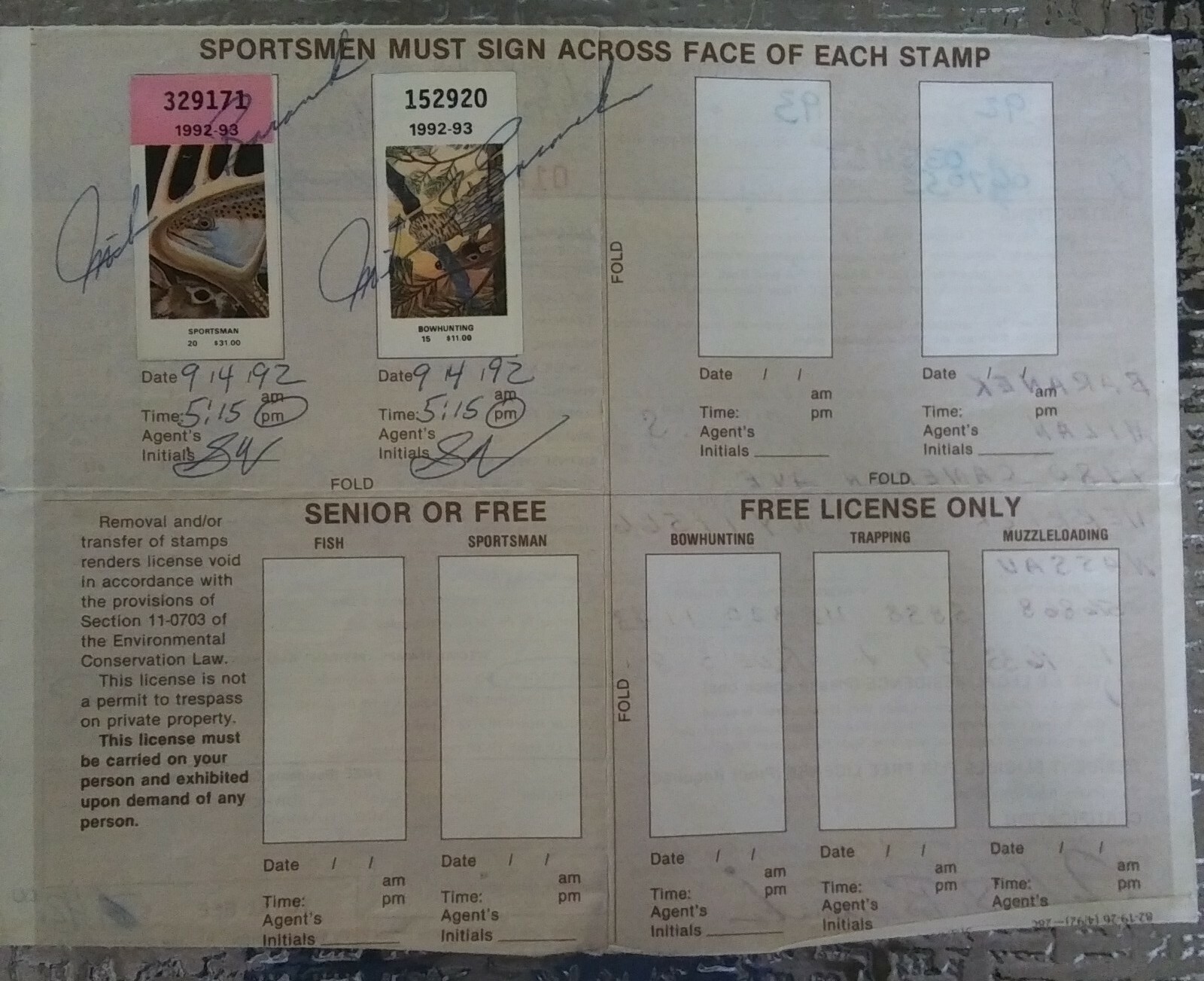 19921993 New York State Sporting License Hunting Sportsmen Bow Hunting