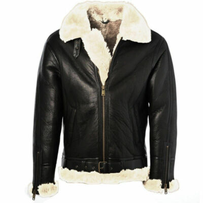 Black ginger leather jacket for men genuine sheep skin aviator fur b3 bomber