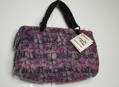 Filz-Damenhandtasche gestrickt/gestickt, Redfox's Fabulous Felts, schwarz/pink