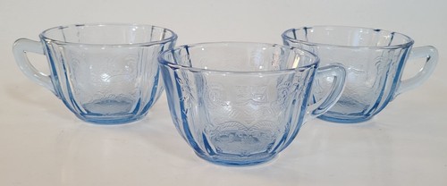 Vintage Indiana Glass 3 Each Blue Recollection 4777 Mugs Cups Scroll JC Penney