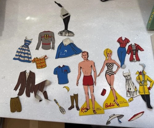 Vintage BARBIE and KEN Paper Cardboard Cut Out Dolls & Fabric Clothes Lot