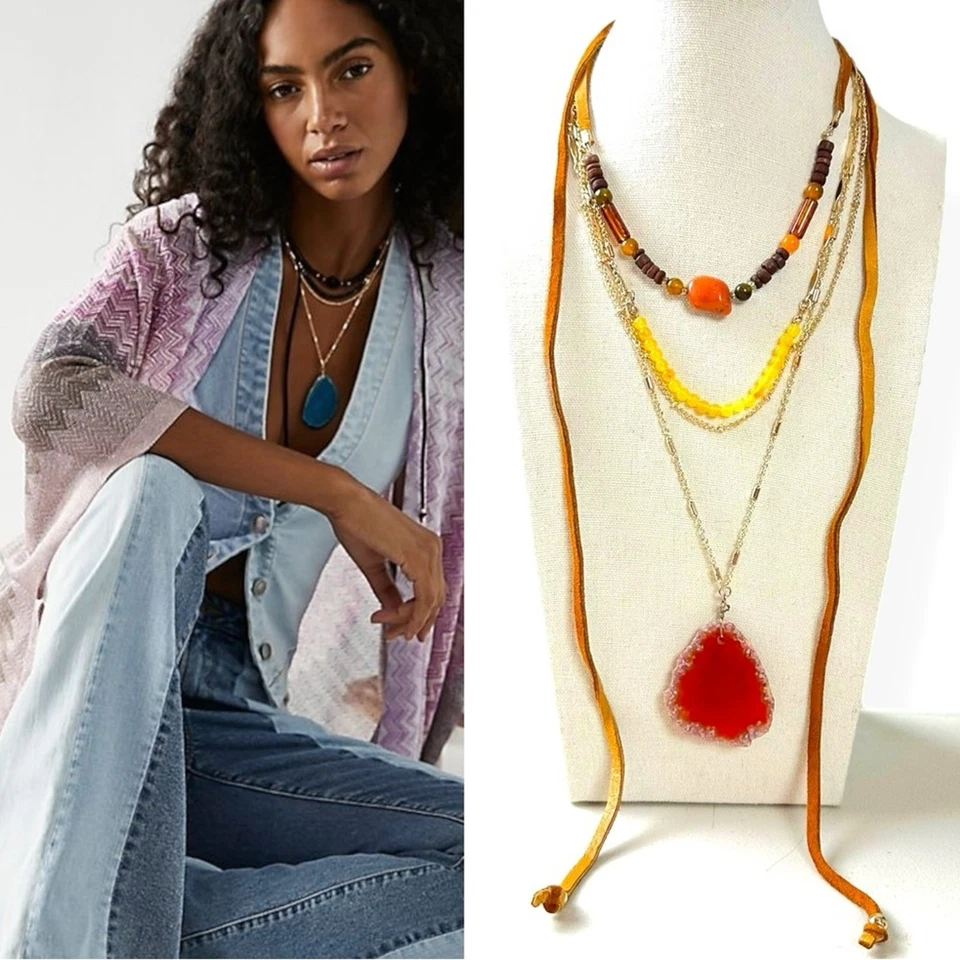 Colar Free People Texas Sun em camadas NOVO borlas geodo boêmio ocidental