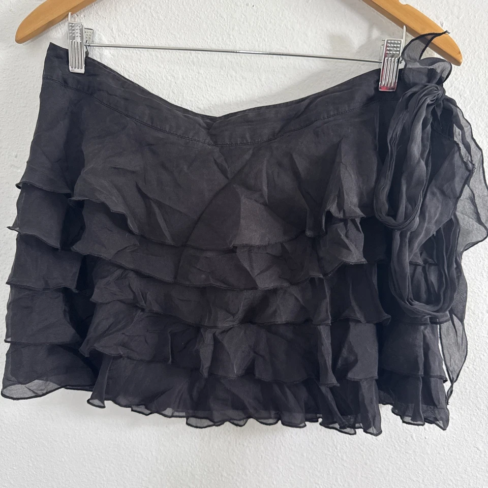 复古湿封迷你裙女式 11 黑色丝绸层叠荷叶边深 Fairycore Y2K 90 年代 — 第 3/4 张图片
