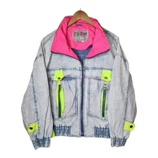 Vintage 80s East West Denim Jacket Acid Wash Retro Rad Saved By Bell Neon Large