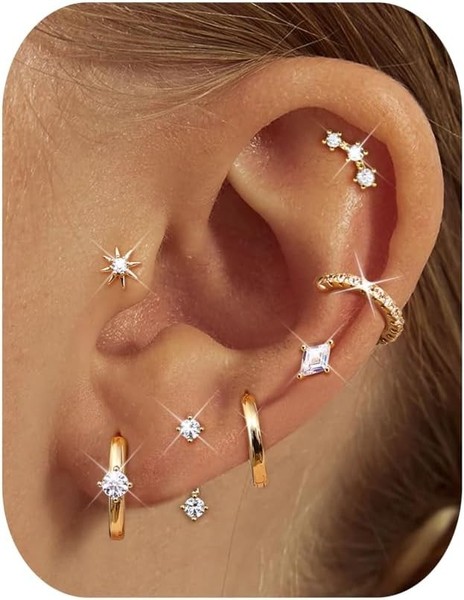 Ohrringe Gold Set Hypoallergen 14K Vergoldet Huggie Creolen Ohrstecker Damen-image