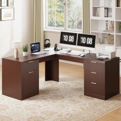 69'' Executive L Shaped Desk, Wood Corner Executive Computer Desk with Power