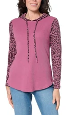 Belle by Kim Gravel Women's Baby Waffle Leopard Sleeve Hoodie Fig
