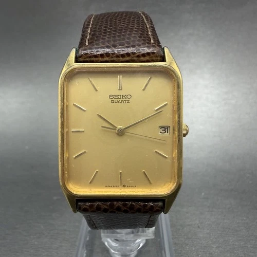 Seiko Tank Watch Men 26mm Champagne Dial Gold Tone Date 5P32-5A49 New Battery