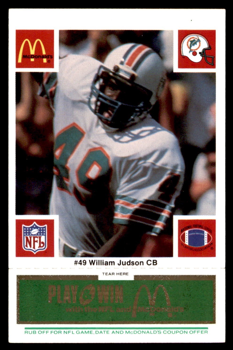 1986 McDonald's Football Green #379 Dolphins William Judson #49 NM/MT *g1