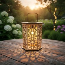 Solar Laterne Hängelampe Holz-6 eckig/LED Lampe/Lindenholz/Handgefertigte.