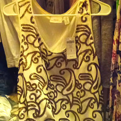 Ann Taylor LOFT Ivory/Black Sequin Scroll Scoop Neck Tank Top Women s M