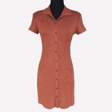 wild fable ribbed button front bodycon mini dress brown short sleeve size S