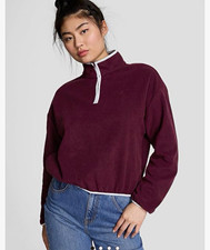 PINK  Burgundy 1/2 Zip Mock Neck Fleece Sweatshirt Women One Size