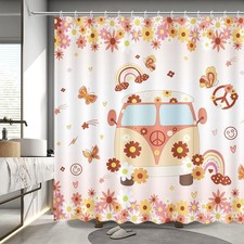MEHOFOND Groovy Shower Curtain, Boho Rainbow 70s Floral Shower Curtain,Groovy Bu