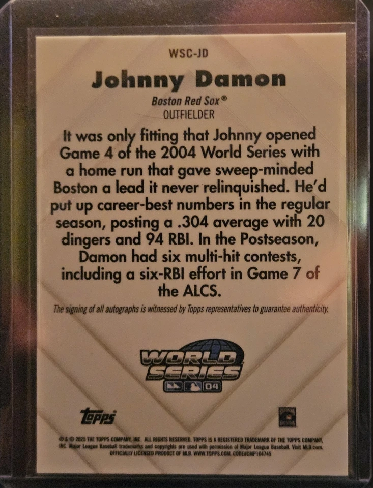 2025 Topps Chrome World Seies Champion Johnny Damon Auto/100 Foto 2 de 2