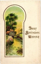 Vintage Embossed Birthday Postcard with Rustic Mill Scene USA Made